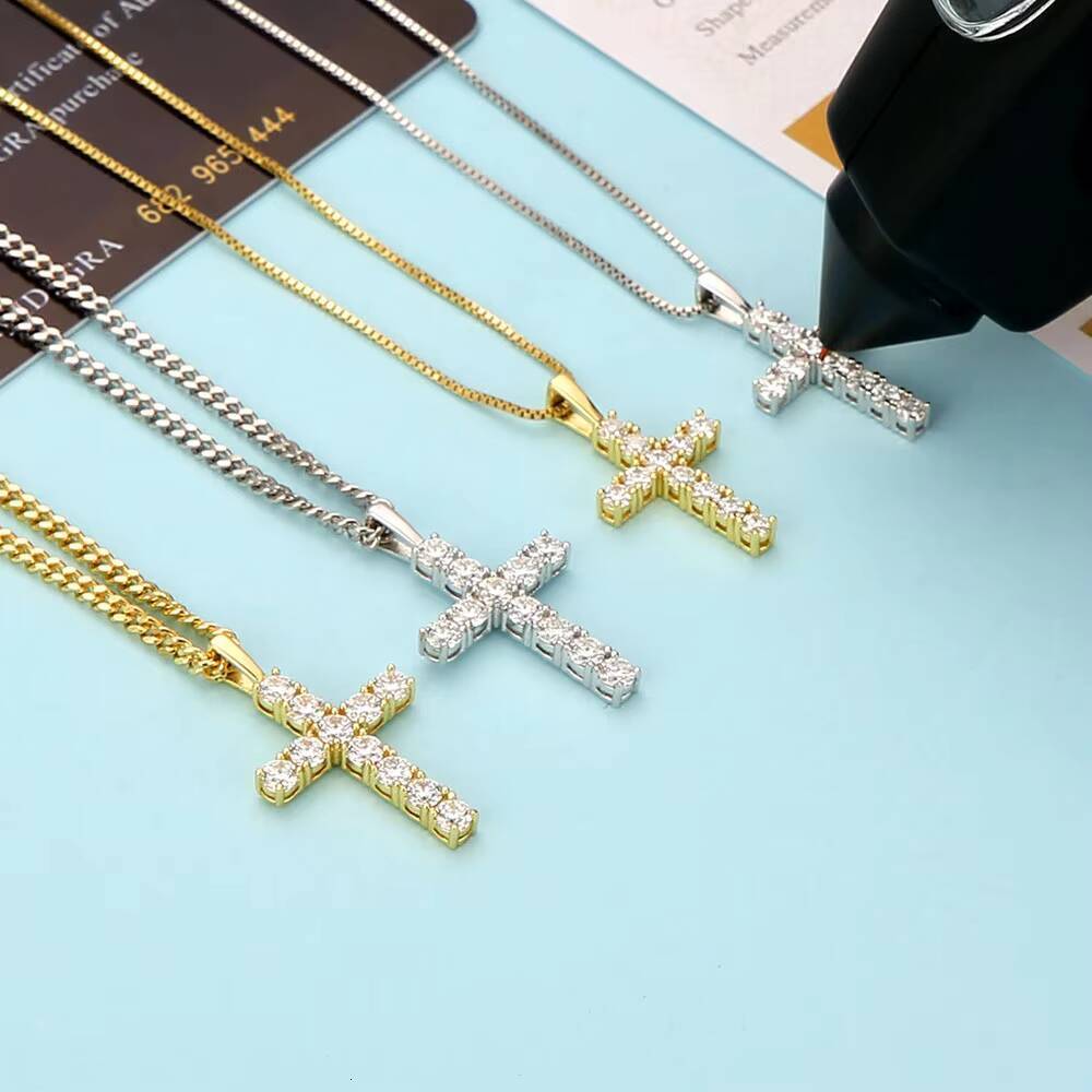 USA Stock Mossanite Jewelry Gifts Iced Out 925 Sterling Silver VVS Lab Diamond Moissanite Cross Pendant Necklace for Men Women