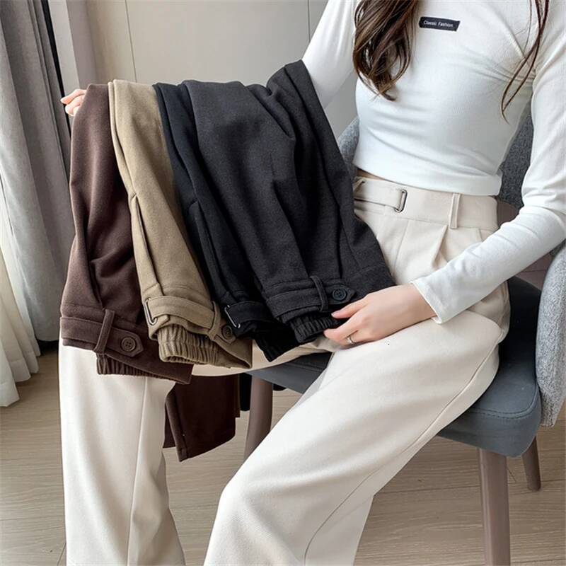 Seoulish Autumn Winter Thicken Woolen Casual Loose Full Length Pants 2025 New Button High Waist Chic Wide Leg Trousers Female dongdumaoyi