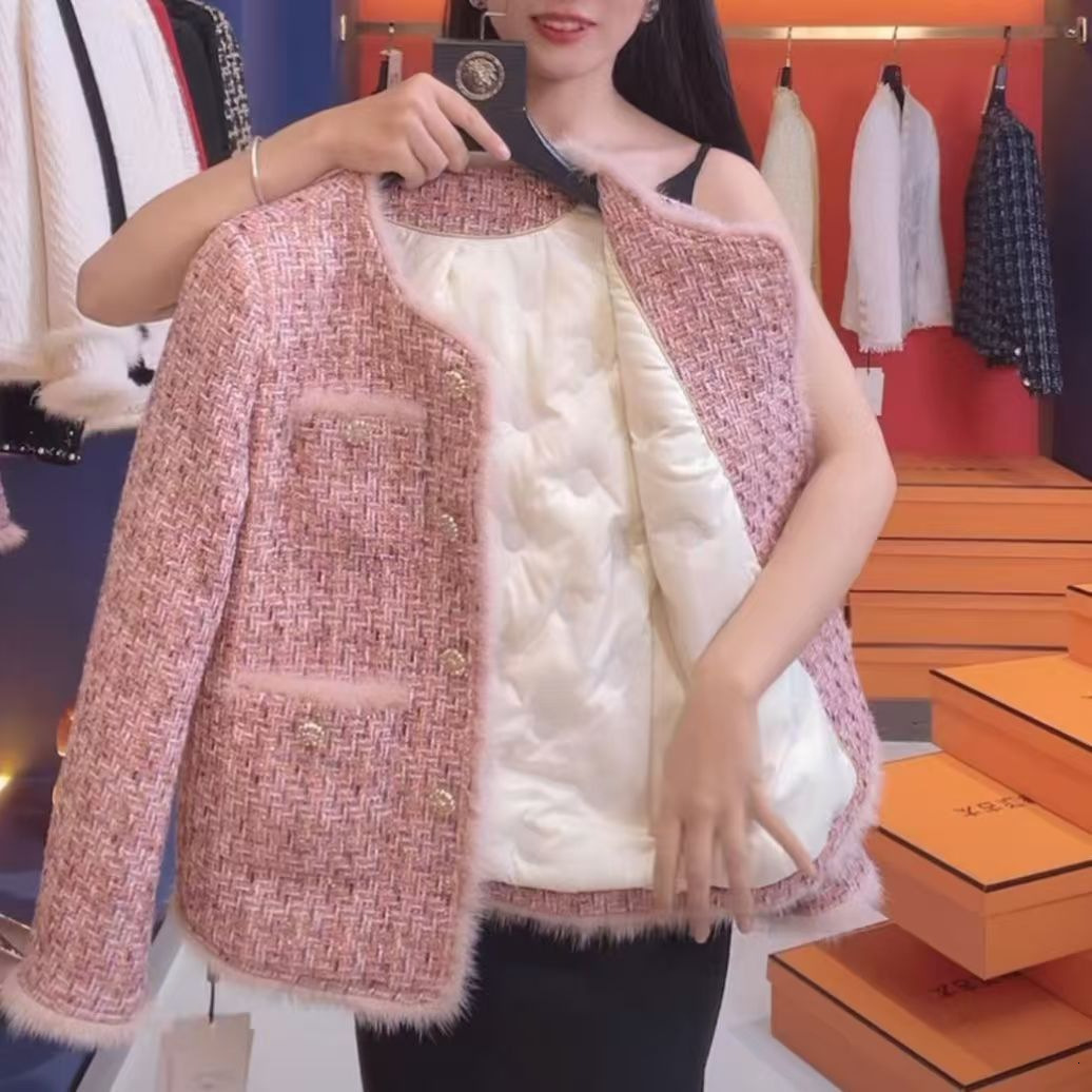 2025 Pink Quilted Designer Women's Open cardigan New Loose Korean fashion Thick Wool Casual Social Coarse Wool Short Top Autumn/Winter New Luxury