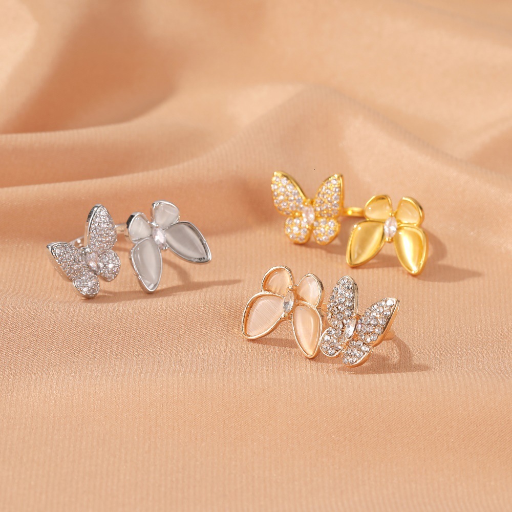 Exaggerated White Mother-of-Pearl Butterfly Fashion Adjustable Open Elegant Cat's Eye Stone Index Finger Ring