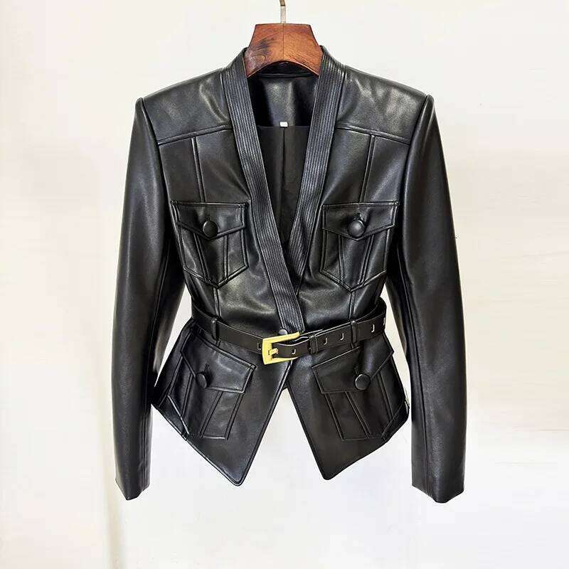 2025 Early Autumn New Fashion Belted Slim Fit Leather Jacket Coat