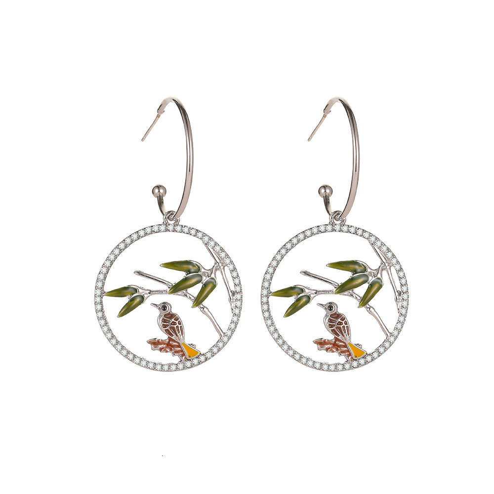 National Alloy Inlaid Dia Branch Bird High-End New Chinese Style Round for Women Simple Drop Earrings Jewelry
