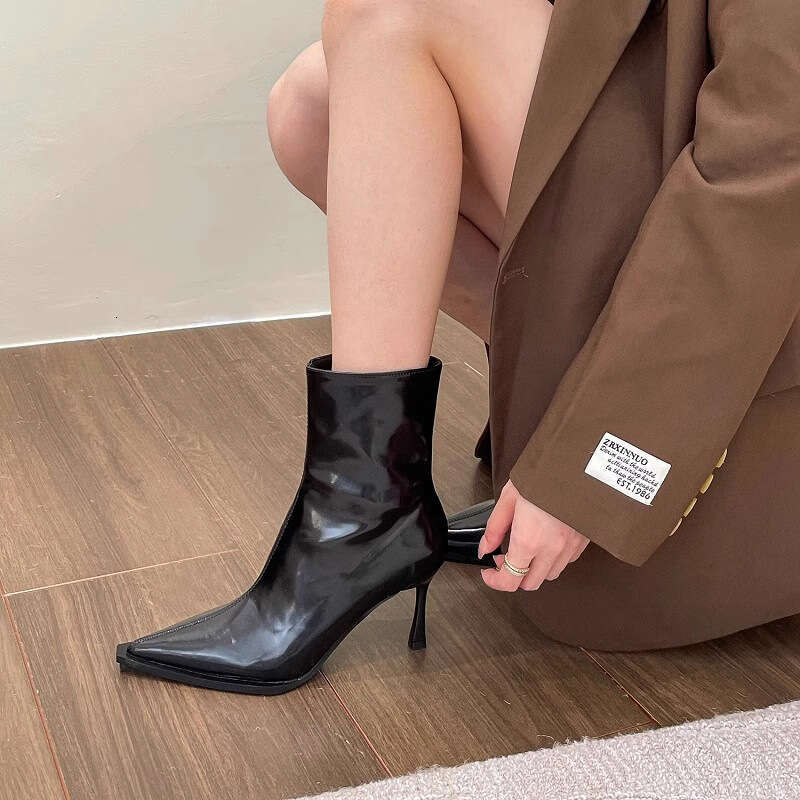 35-42 Plus Size for Women Spring and Autumn 2025 New Style Thin heel Pointed Toe High heels Patent Leather French Slim Boots
