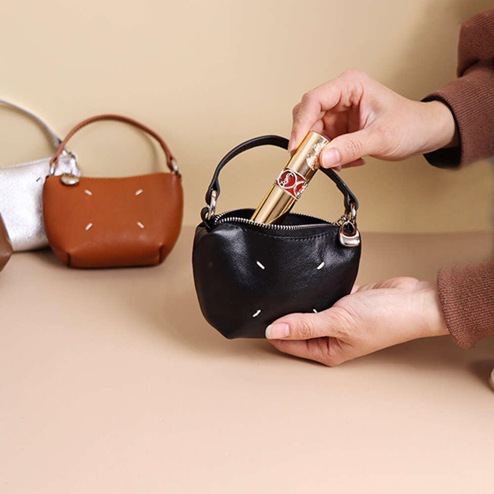 Genuine Compact Coin Purse Women's Handheld Small Portable Key Lipstick Storage Soft Leather Single Shoulder Crossbody Bag