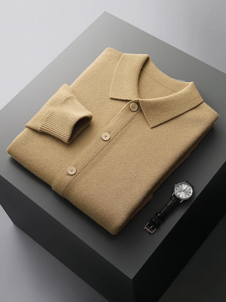 Spring Autumn 100 Merino Wool Knitwear Men Sweater High Quality Turndown Collar Single Breasted Solid Color Cardigan Soft Tops 250929