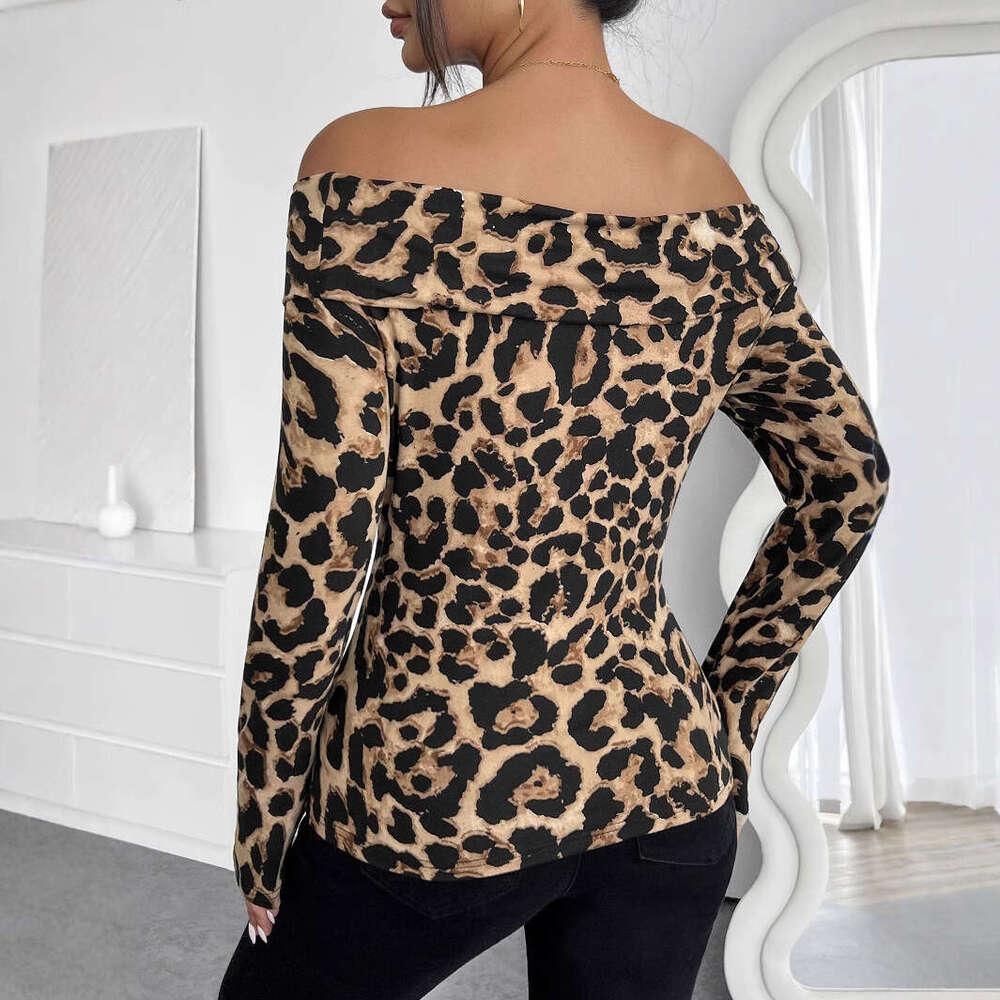 2025 Autumn and Winter New Women's Sexy Leopard Print Off-Shoulder Long Sleeve T-Shirt Top