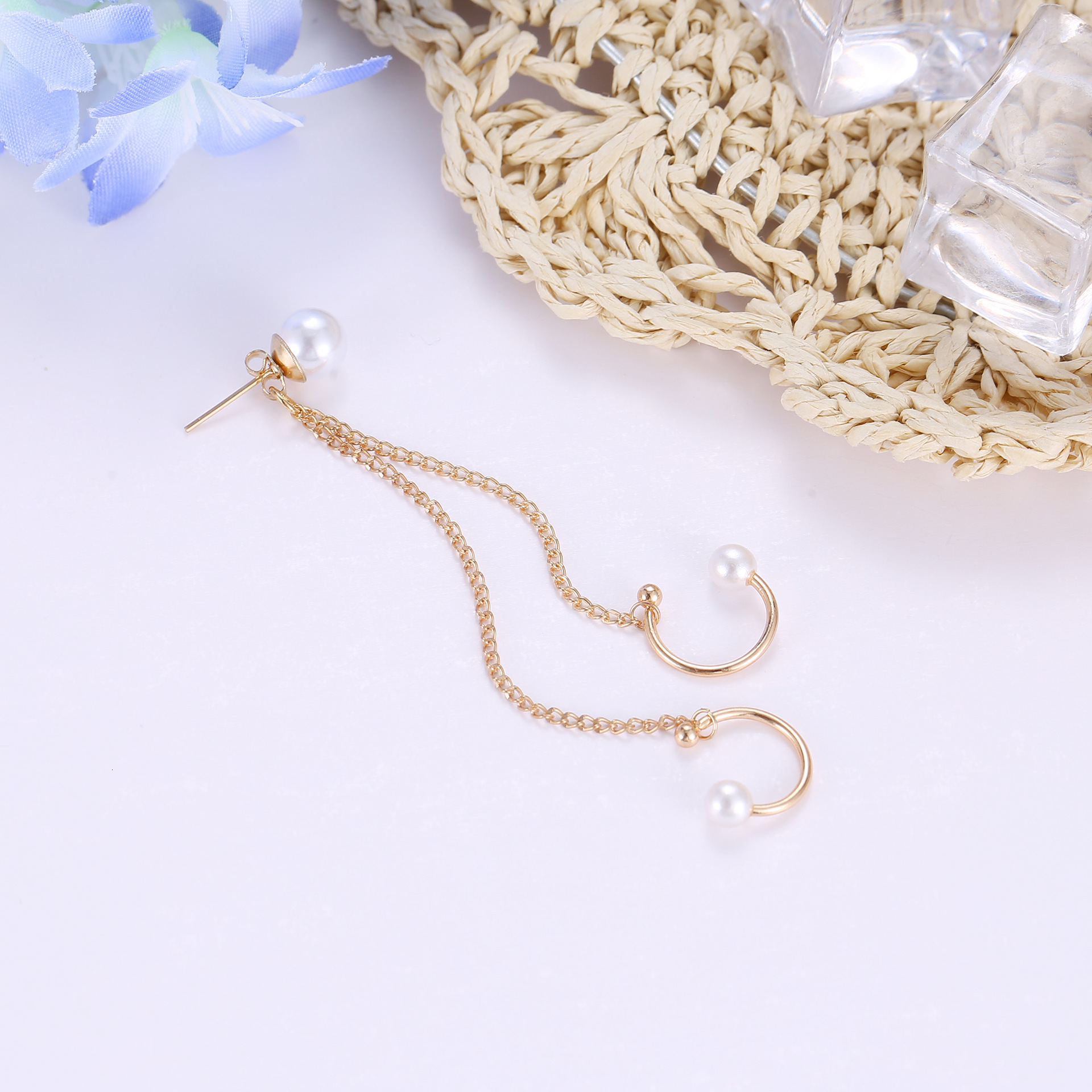 Korean Style Personality Trendy Socialite Pearl Cuff Clip Tassel Chain Single Earring Ear Jewelry for Women