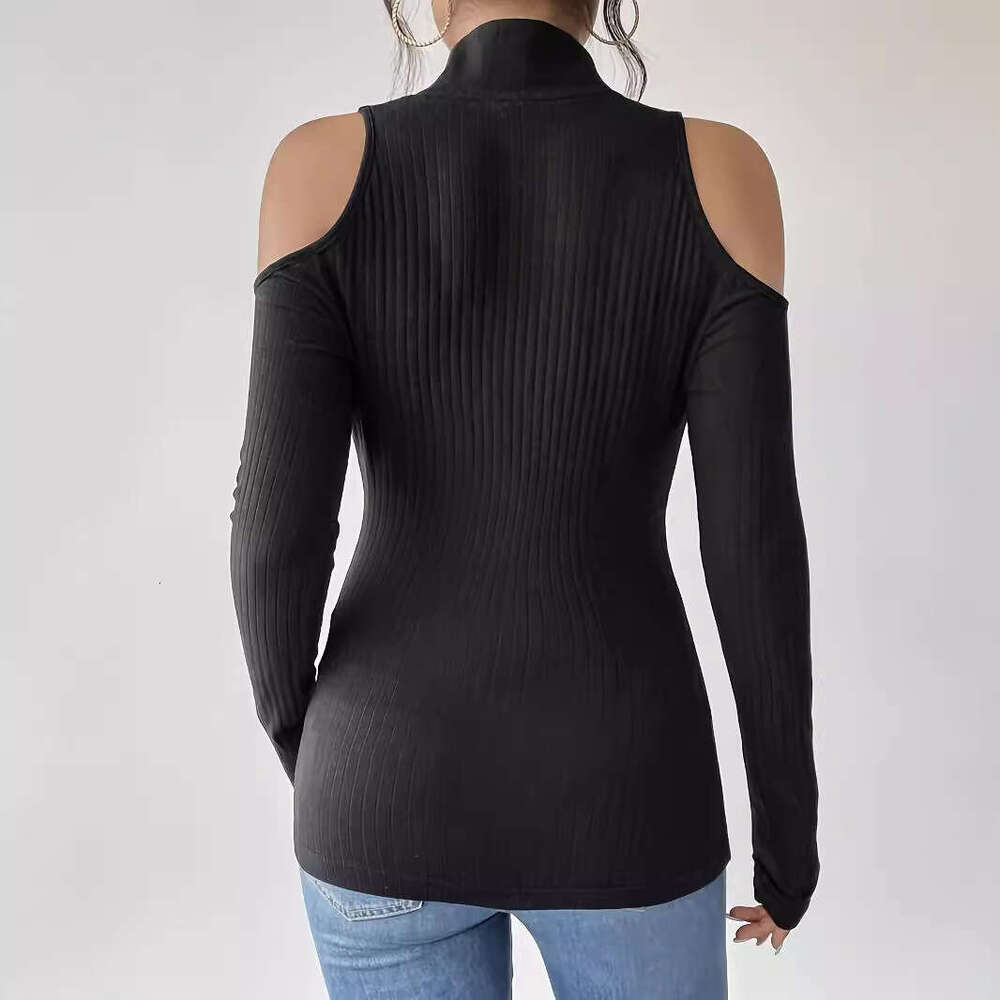 2025 Elegant Women's Solid Color Ribbed Zipper Stand Collar Off-Shoulder Long Sleeve T-Shirt Slimming Top