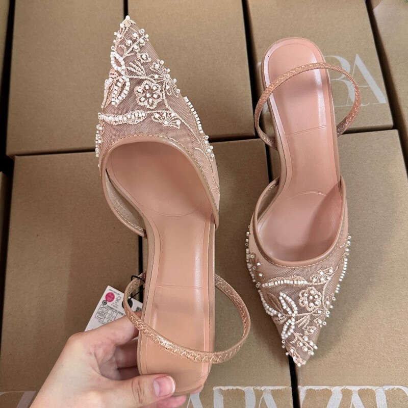White High Heels for Mesh Embroidery Pointed Stiletto Closed Toe Sandals Women Back Strap Mules Wedding Shoes