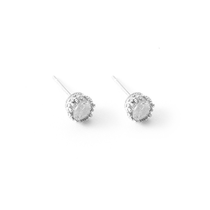 New Sier Plated Round Stud Crown Zircon Earrings Korean Style Ear Jewelry