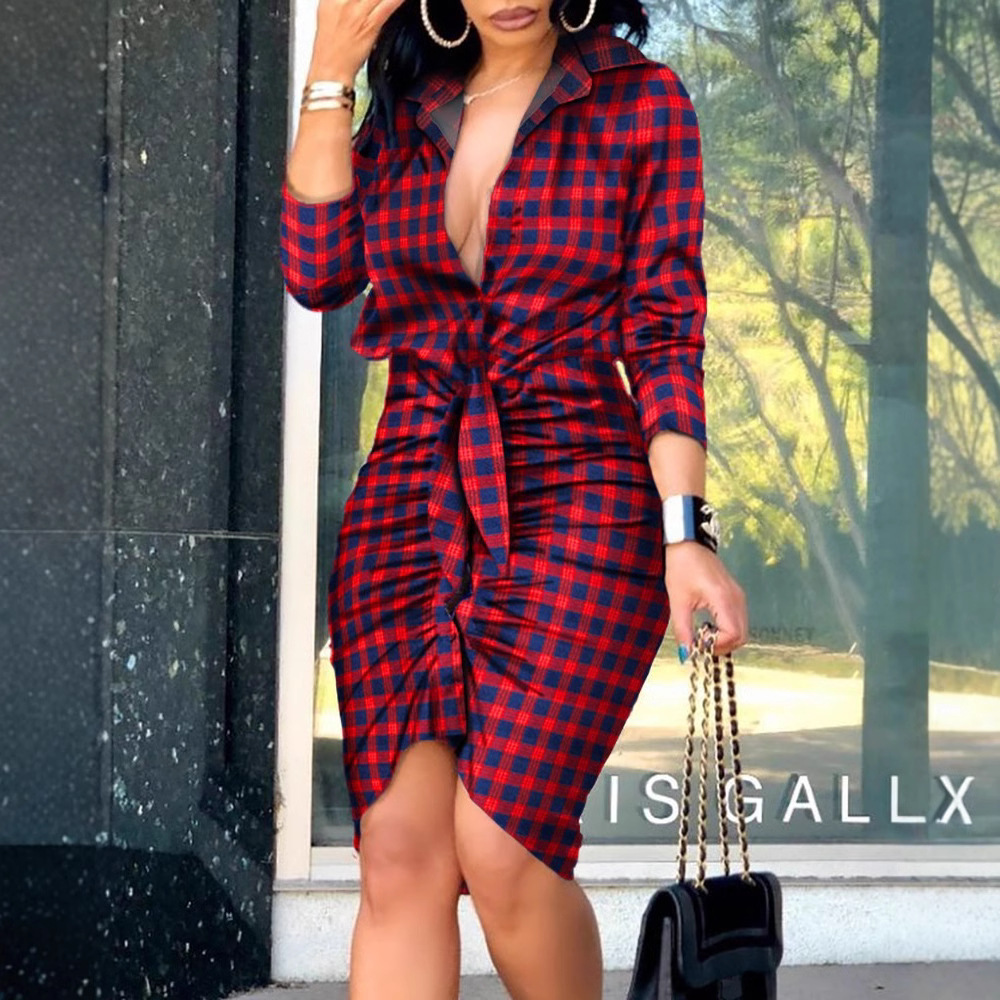 L105Summer V-neck lace-up solid color long-sleeved mid-length shirt dress for women