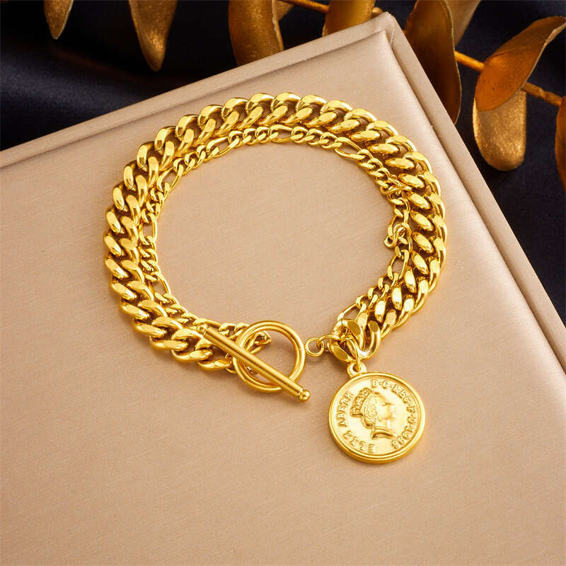 Elegant Fashionable Stainless Steel Necklace with Portrait Design & Gold Finish - OT Clasp Closure