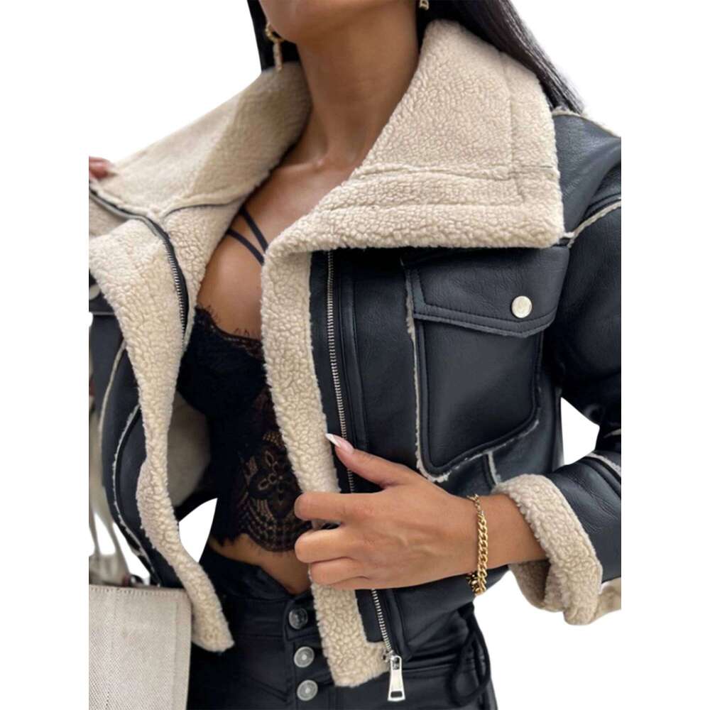 Women Leather Biker Jacket With Faux Fur Trimmed Collar Vintage Moto Coat Warm Winter Outerwear