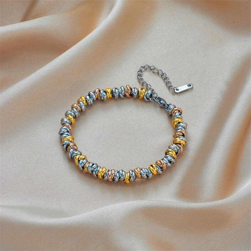 Fashion Simple Color-Block Titanium Steel Metal Circle Beaded Braided Personality Versatile Bracelet