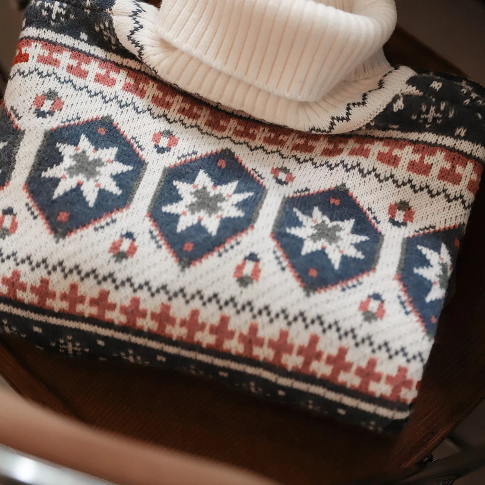 Maden Vintage Fair Isle Knitted Sweater Christmas Warm Turtleneck Knitted Pullover Barnstyle Warm Knitwear for Mens Winter 250930