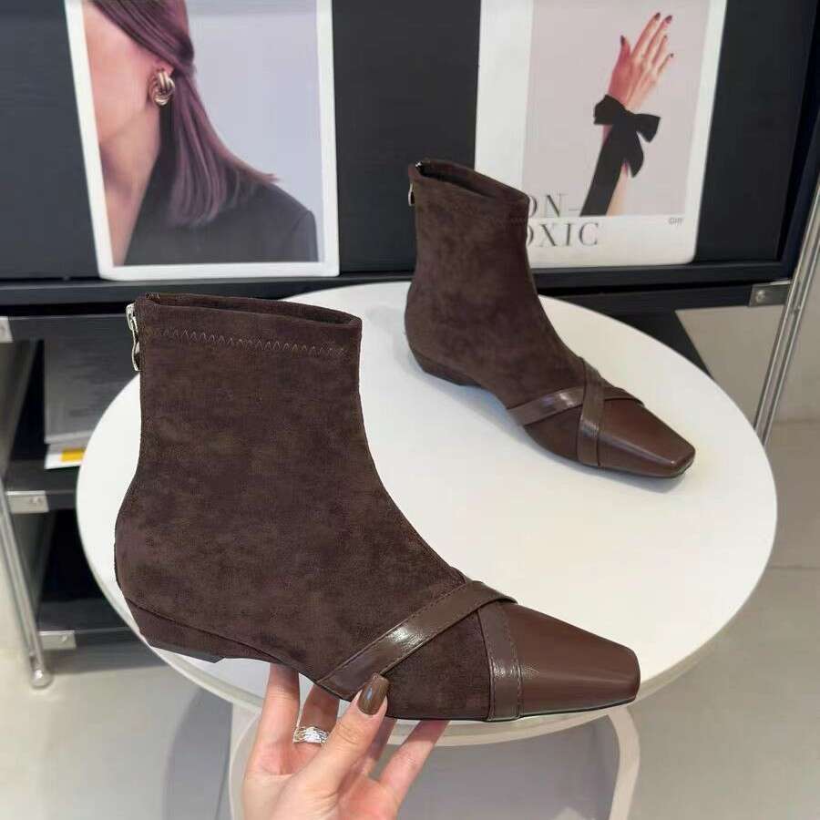 Spliced Square Toe Short for Women 2025 Autumn New Style Back Designer Shoe Zipper Slim Low heel Bare Simple Versatile Fashion Boots