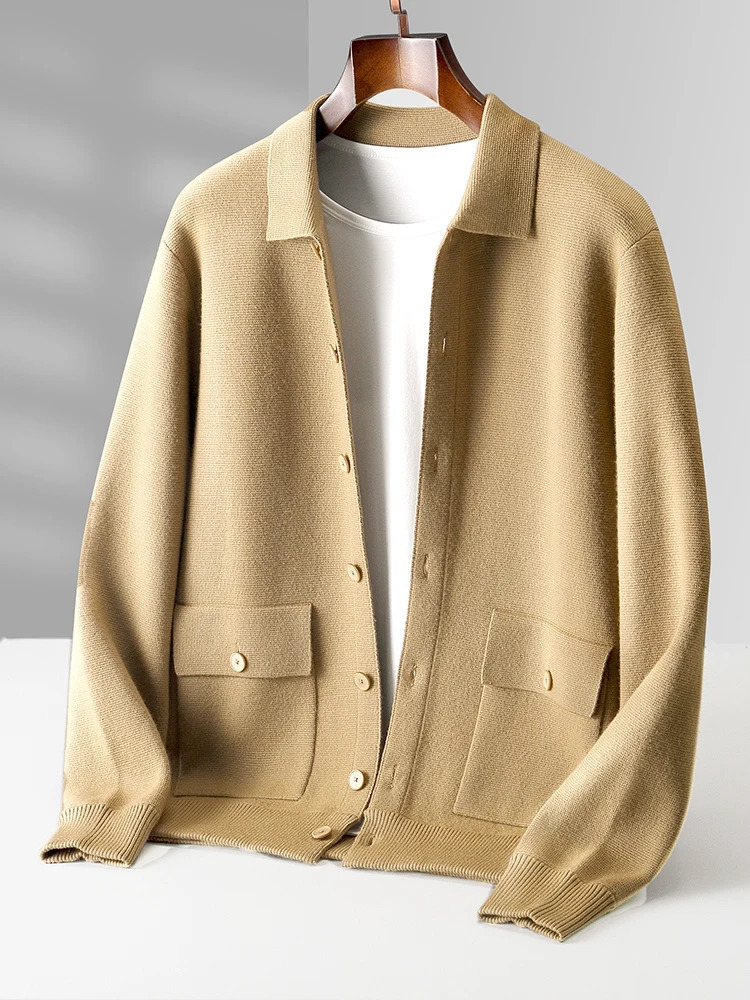 Autumn Winter Mens Sweater Cardigan 100 Merino Wool Knitwear Polo Collar Coat Button Pockets Cashmere Comfortable Clothing Top 250929
