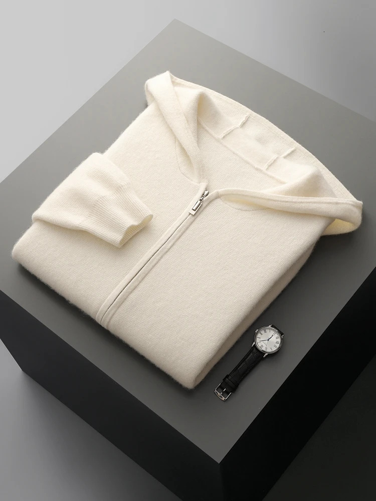 Autumn Winter Mens Hooded Zippers Cardigan Air Layer Sweater Thick 100 Merino Wool Knitwear Long Sleeve Casual Cashmere Coat 250929