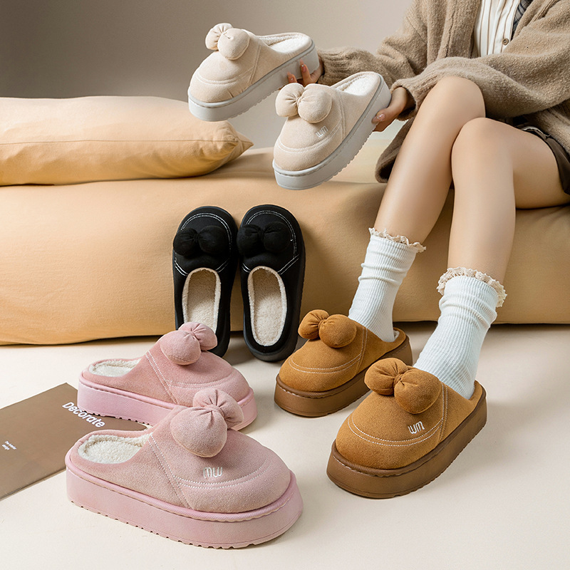 New Bowknot Women, Autumn and Winter Home Thick Sole Fleece Lined Warm Comfortable Maternity Outdoor Cotton Slippers for Women ddmymarket