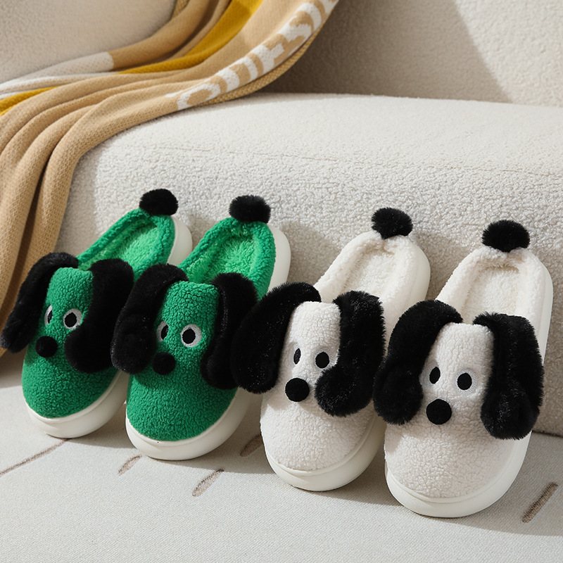 Cartoon Slippers Thick Sole Non-Slip Autumn Winter Student Dormitory Indoor Home Fleece Lined Warm Cute Little Green Dog Cotton Shoes ddmymarket