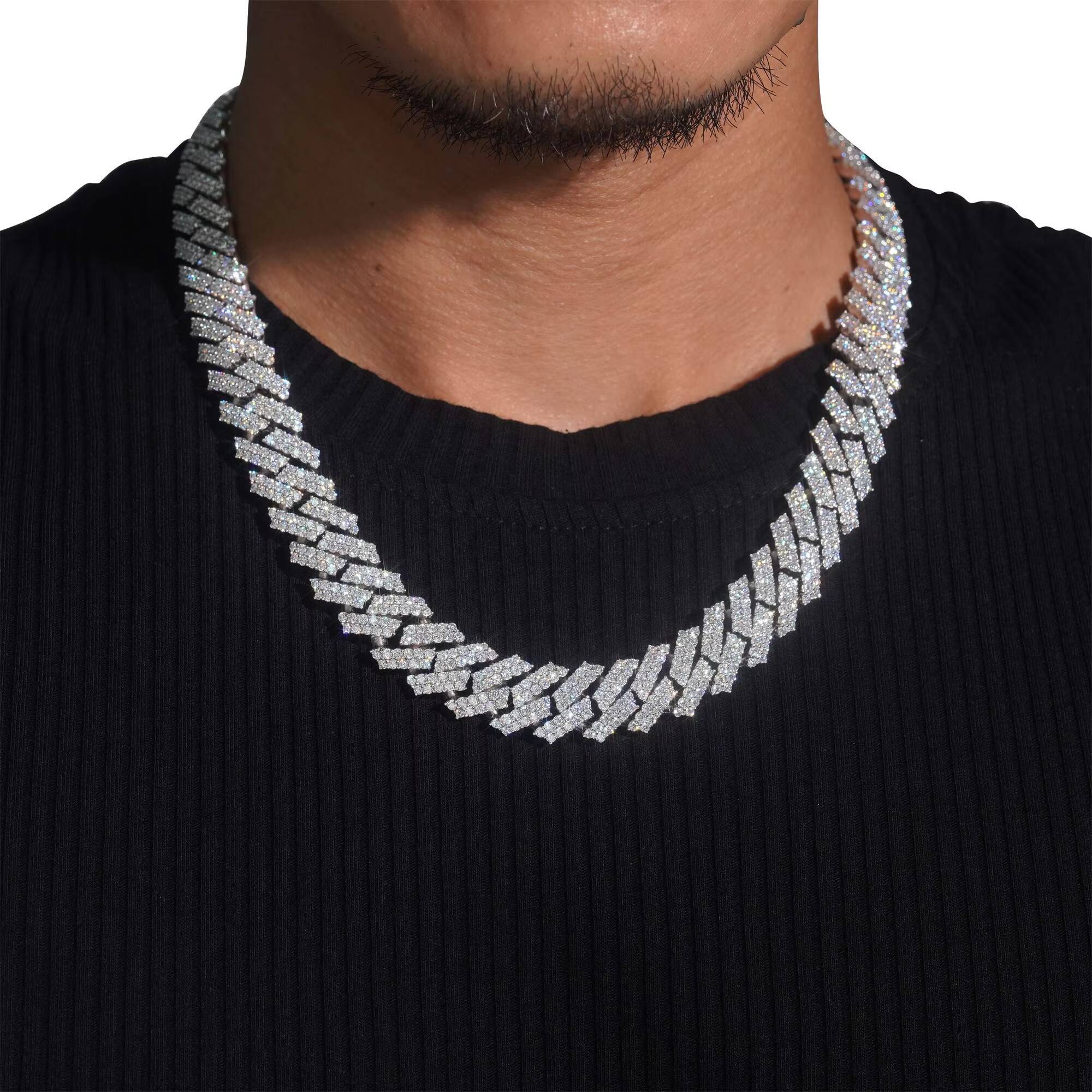 15mm Two Rows Prong Setting GRA Certificate 925 Silver White Gold Plated Iced Out Hip Hop FL Moissanite Diamond Cuban Link Chain