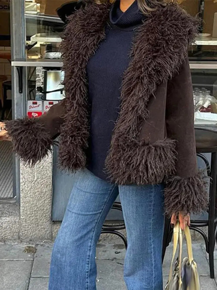 Vintage Solid Faux Fur Jacket Casual Plush Lapel Open Coats Female Autumn Winter Trendy Elegant Warm High Street Outwear 250930