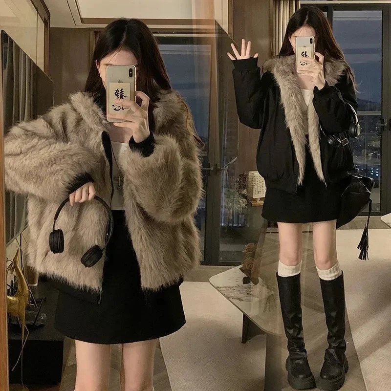 DoubleSided Warm Fur Coat Women Autumn Winter Loose Thicken Plush Cotton 2025 Hooded Mink Outwear 250930