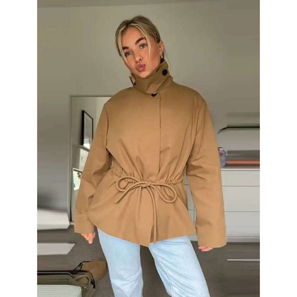 Women Solid Drawstring Short Jackets Stand Covered Button Long Sleeve Waist Casual Coat Fashion High Street Autumn Winter Coats