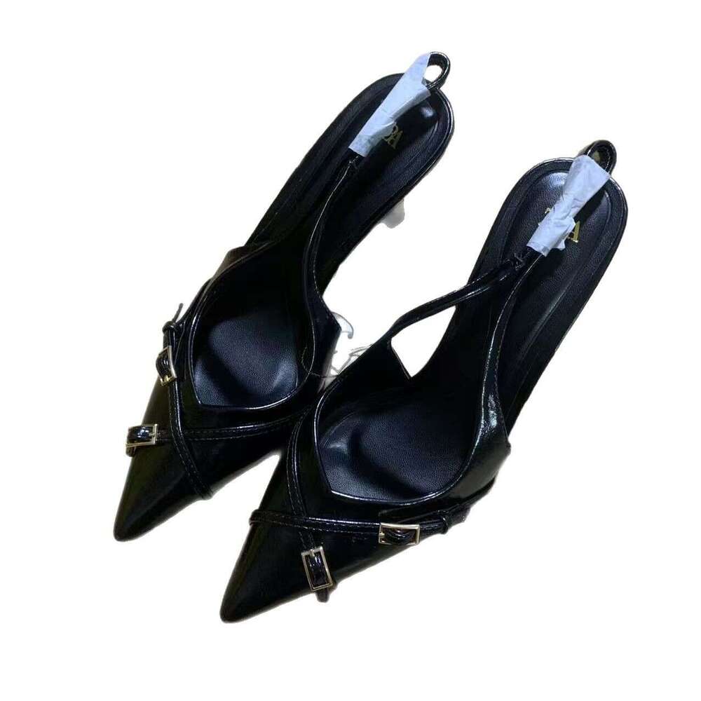 2025 New Black French Cross Buckle Fashion Women Pointed Toe High Heels Outdoor Wear Back Strap