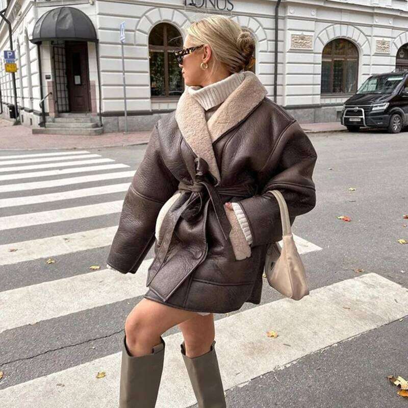 Double Sided Leather Lamb Fur Women's Jacket Vintage Turn-Down Collar Long Sleeve Waist Cinching Coats Fashion Female Streetwear