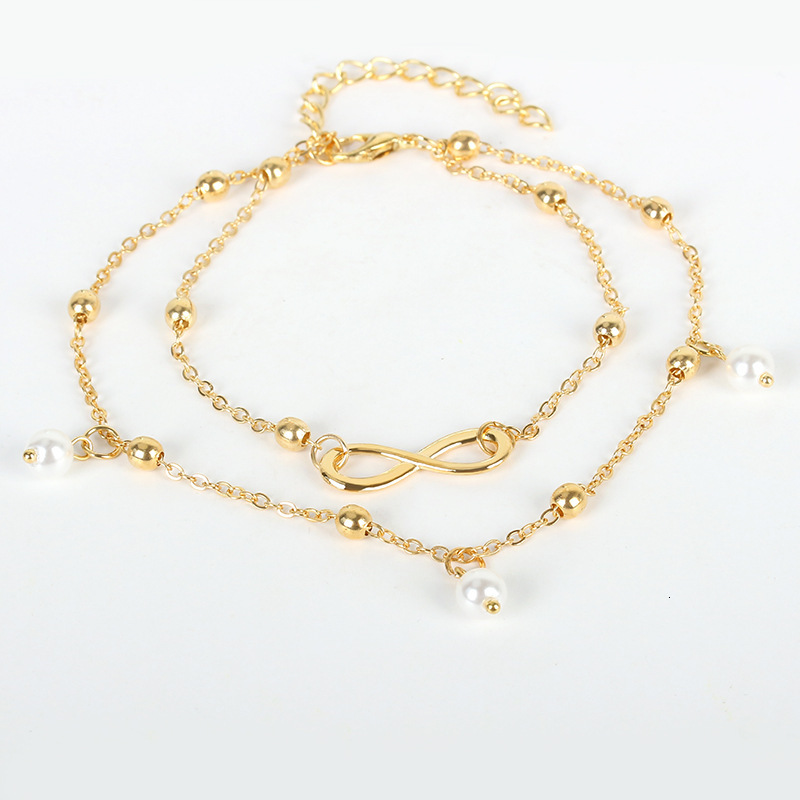 Fashion Hot-Selling Pearl Figure-8 Anklet Women Handmade Beaded Double Chain Accessories Beach Foot Jewelry
