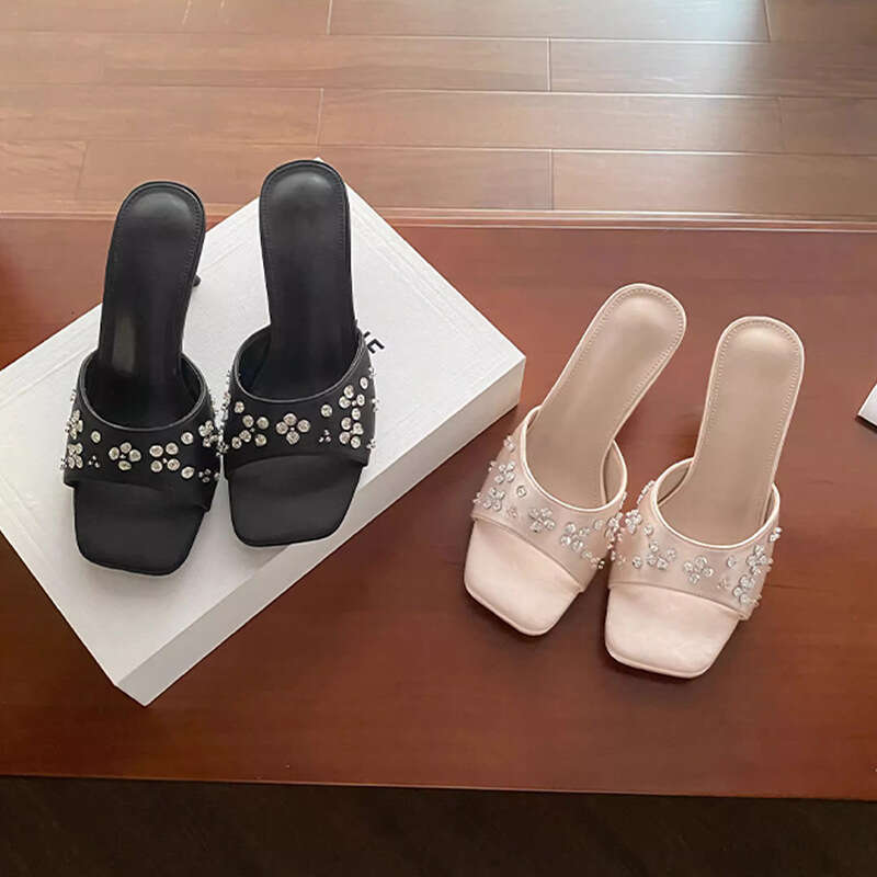 34-42 Plus Size French Style Square Toe Cat heel Satin Sandals for Women 2025 New heelegant Petal Rhinestone High heels to Match Dresses