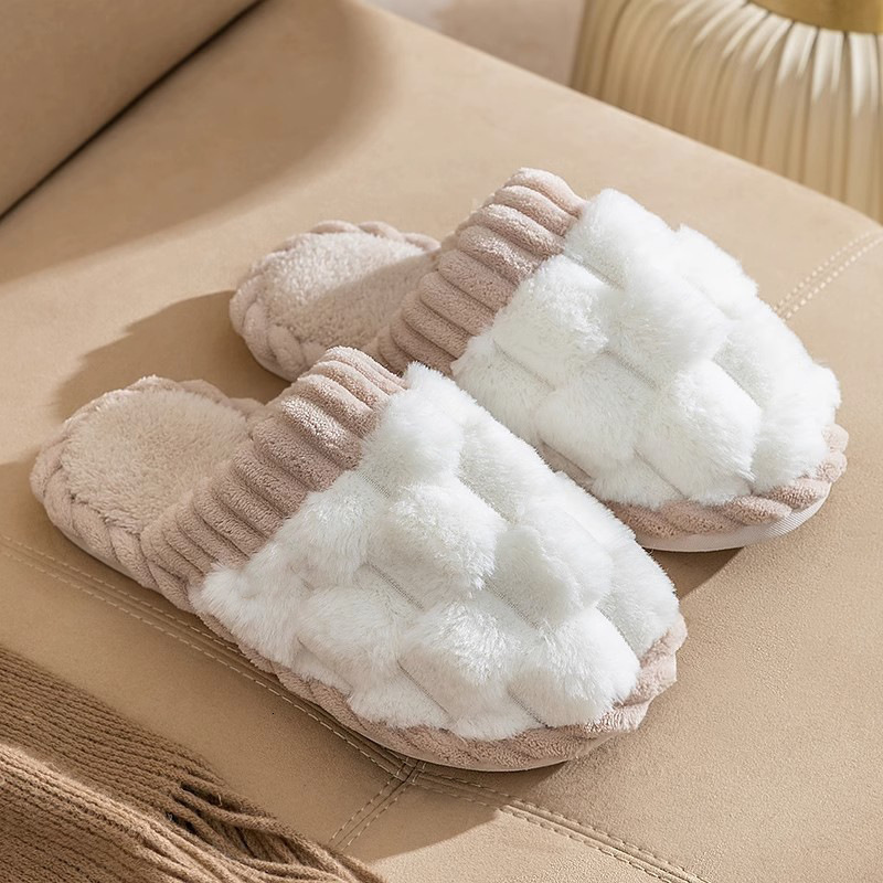 Winter Waffle Plush for Women, Indoor Warm Home Cotton Slippers, Non-Slip Soft Sole Couple Fuzzy Slippers ddmymarket