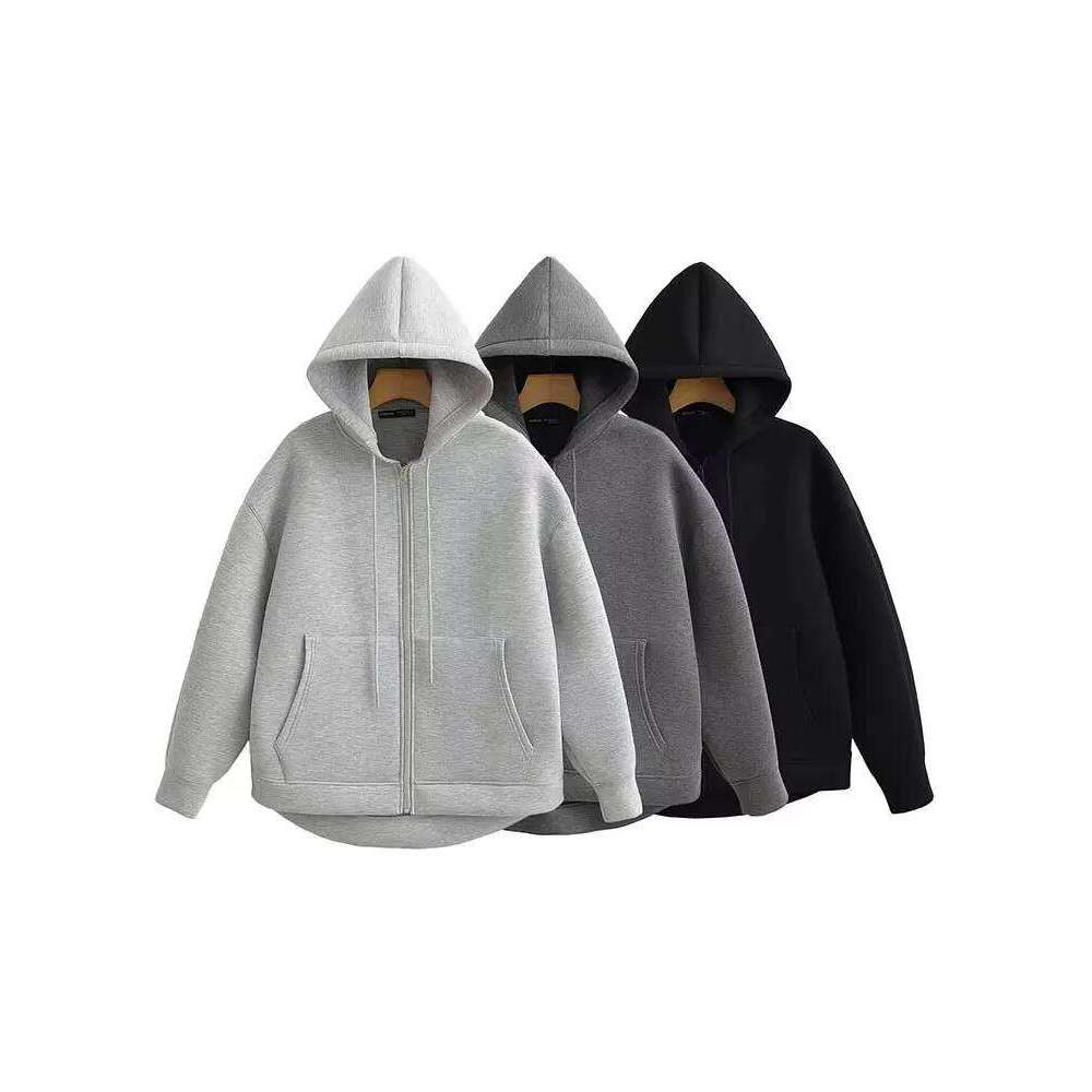 HH Autumn Women Gray With Hood Long Sleeve Big Pocket Zipper Jacket Woman Loose Casual Outerwear Coat Tops
