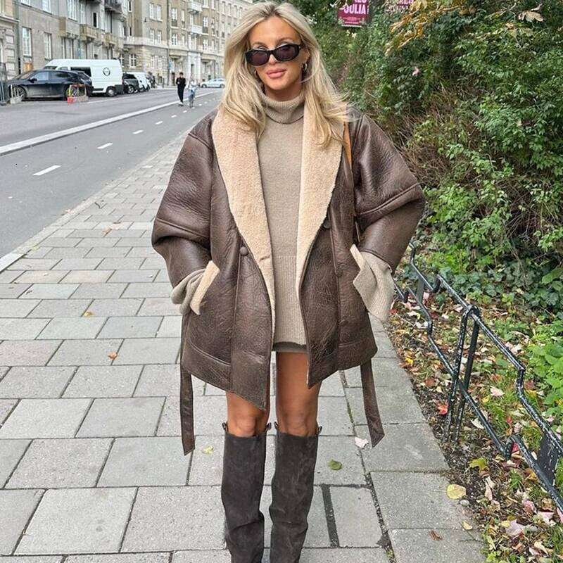 Double Sided Leather Lamb Fur Women's Jacket Vintage Turn-Down Collar Long Sleeve Waist Cinching Coats Fashion Female Streetwear