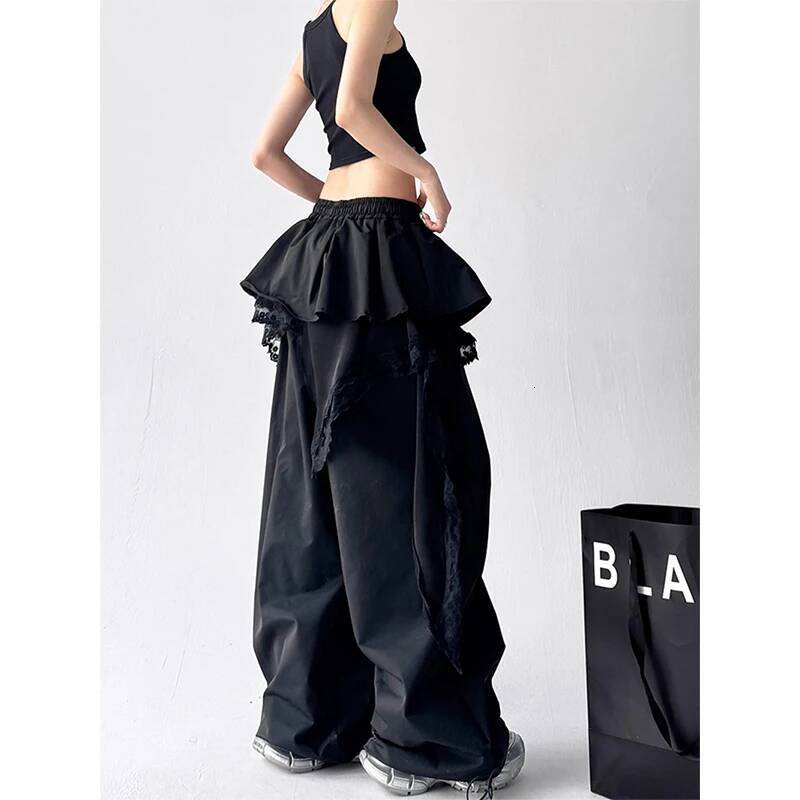 Y2K Black Cargo Women Streetwear Lace Patchwork White Wide Leg Pants Summer Gyaru Haruku Korean Baggy Trousers New dongdumaoyi