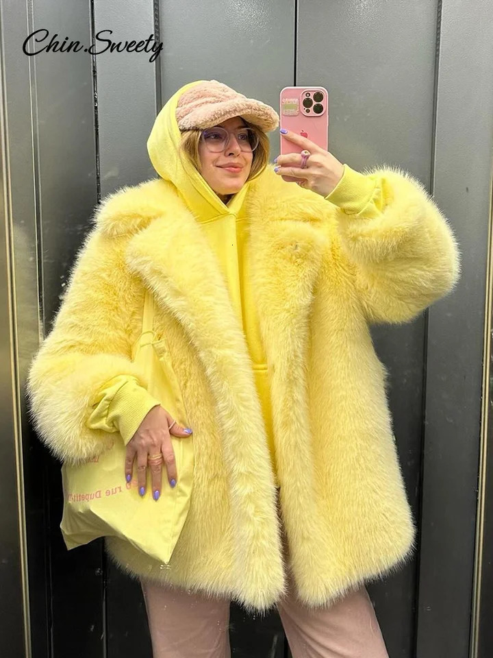 Womens Brown Faux Fur Coat Lapel MidLength Loose Plush Furry Buckle Overcoat Winter Lady Thick Warm Outwear 250930