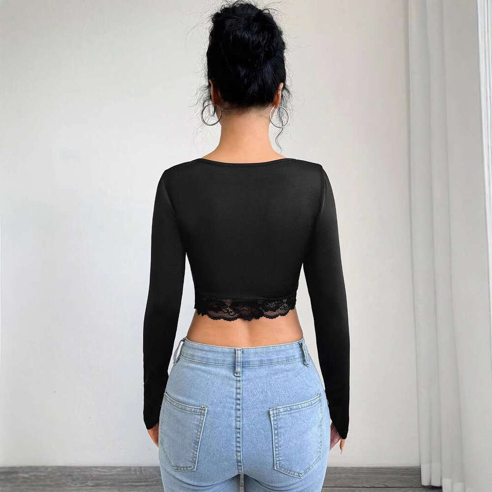 2025 New Women's Deep V-neck Long Sleeve Lace Patchwork Ruched Short T-shirt Top