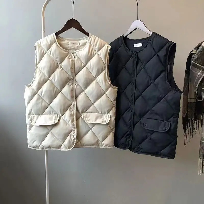 Women Autumn Winter Vest Sleeveless Cardigan Quilted Jacket Chic Tops Warm Button Pocket Solid Argyle Waistcoat n Vests 250930