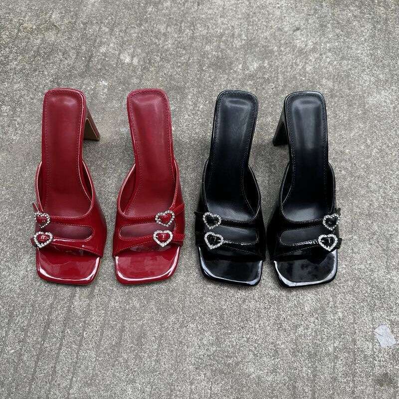 2025 New Rhinestone art Patent Leather Square Toe Slip-On Fairy Style Open-Toe heelegant Chunky heel Women's Sandals