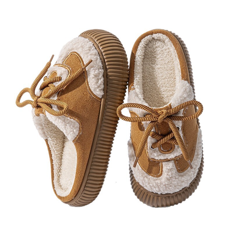 Korean Style Thick-Soled Winter 2025 New Plush Half for Women Outdoor Lace-Up Closed-Toe Cotton Slippers ddmymarket