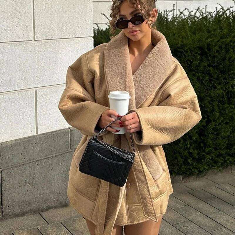 Double Sided Leather Lamb Fur Women's Jacket Vintage Turn-Down Collar Long Sleeve Waist Cinching Coats Fashion Female Streetwear