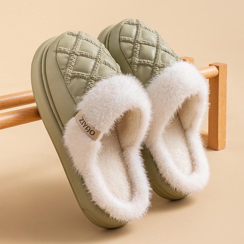 PU Leather Waterproof Cotton Women Winter Warm 2025 New Thick Sole Silent Non-Slip Plush Slippers for Men ddmymarket