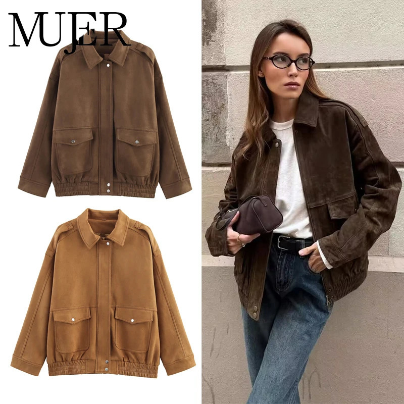 MUJER 2025 Bomber Jackets for Women Outerwears Suede Jacket Streetwear Holiday Coats Zipper in and 250930