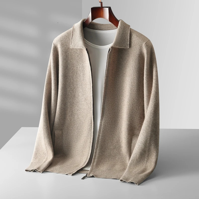 6color autumn and winter 2025 mens 100 wool cardigan sweater casual knitted lapel business Solid color 250929