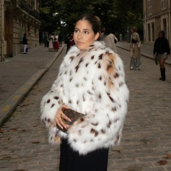Print Faux Fur Coat Women Long Sleeve Winter Coats Woman in Outerwears for Fluffy Jacket 250930
