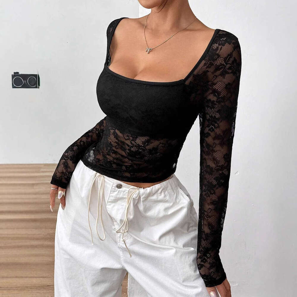 2025 New Elegant Women's Lace U-shaped Neck Asymmetric Hem Design Long Sleeve T-shirt Top for Women