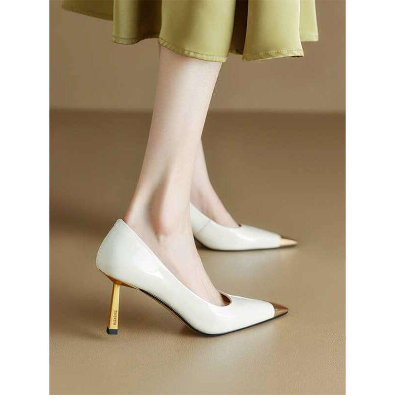 Metal High heels Women Black 2025 Spring New Square Toe Patent Leather Sexy French Style White heelegant Thin heel Pumps