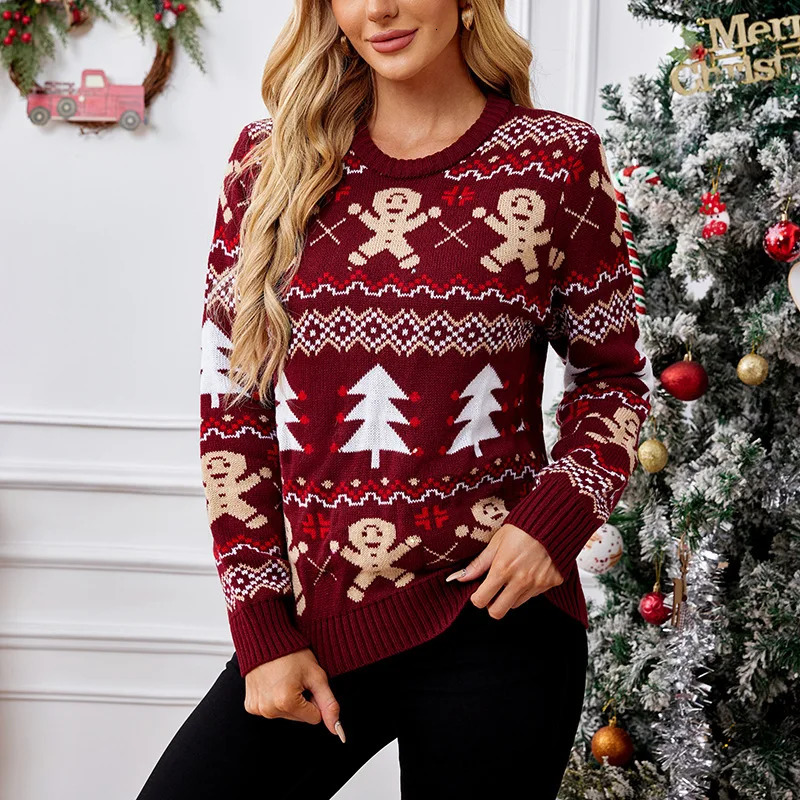Winter 2025 Christmas Womens Sweater Jacquard Print Full Sleeve O Neck Casual Soft Knitwear Merry Xmas Female Pullover Top 250930