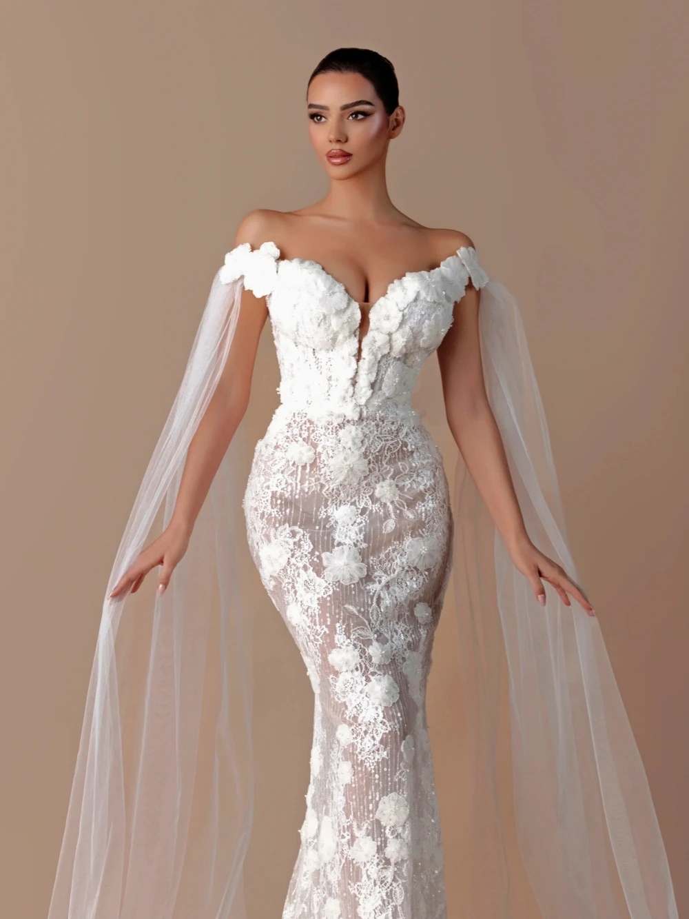 Fashion Wedding Dresses Appliques 3D Flowers Bridal Gowns Off Shoulder Backless Illusion Mermaid Customized Vestidos De Novia Plus Size